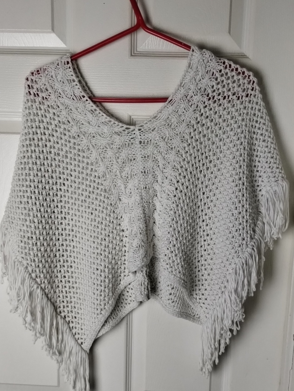 Boho Cream Crochet Knit Fringe Poncho Sweater OS